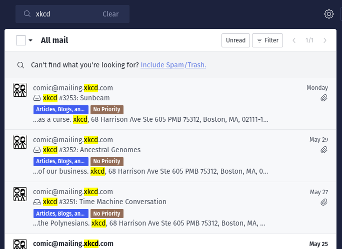 A list of emails from XKCD, all labelled No priority.